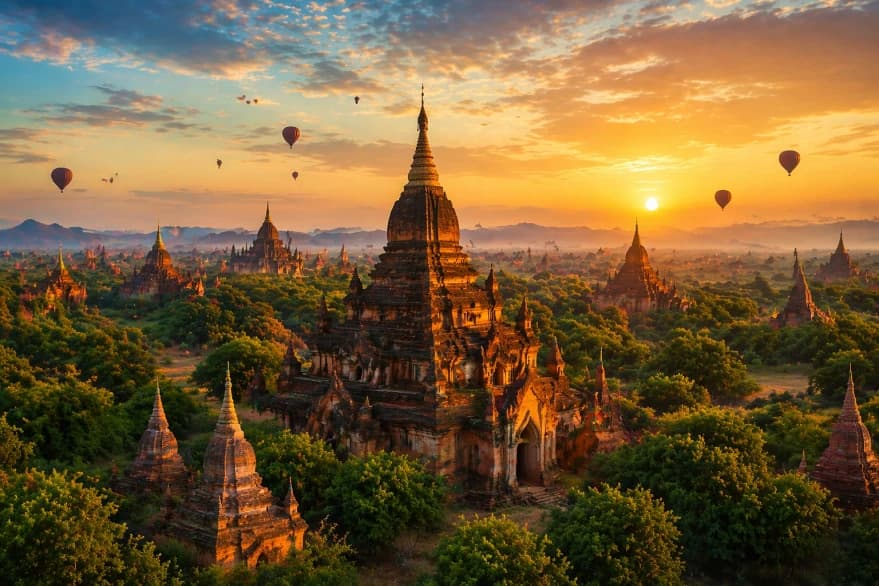 Myanmar domestic helper with flag and pagoda